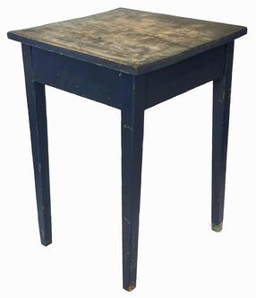 *SOLD* J231 19th century  Beautiful Pennsylvania original blue painted Hepplewhite side table featuring a one-board top and nicely tapered legs. The apron is mortised into the legs on all sides. The wood is pine with square head nail construction. Measurements: 20� x 19� x 28 ½� tall. 