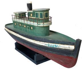 G189 Folk Art Steam Boat Hand crafted model of a Tug Boat name Ellen . Made of solid wood the boat was made by a skilled woodworker. The highly detailed model has all original paint which greatly enhances the overall beauty of the ship the boat�s details are hand carved and finely shaped. With a custom made stand for displaying