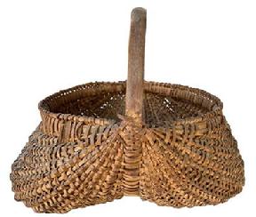 **SOLD** F510 Butt Basket/ egg basket fine Virginia rid -type woven splint basket from the mid to late 19th century has great form and wonderful patina. Oak Splint construction in good condition