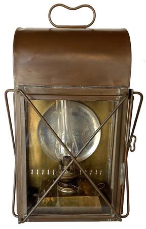 F336 19th Century Copper and Brass wall mounted  Lantern . Natural  old unclean  patina. Lantern still has it original brass tank and glass chimmey roof, and glass side panels.Dimensions Height:16" x 10" wide x 6" deep   Wear consistent with age and use
