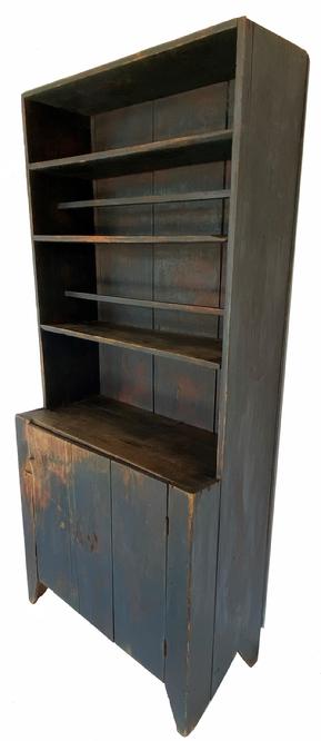 G291 Southern 19th century Cumberland County North Carolina open top Pewter Cupboard with original blue paint, . circa 1850-1870 Open top with with plate rail over a single baton door with high cut out feet , nice and clean interior Measurements are: 32" wide x 72" tall x 16' deep 