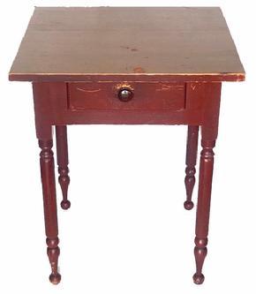 **SOLD** H523 Early 19th century Lancaster County, Pennsylvania one dovetailed drawer turned leg side table. Original red painted surface and gracefully turned legs resting on turned ball feet. Table is 100% original. The dovetailed drawer has a lipped, beaded edge and is dovetailed front and back. Legs and apron are mortised.