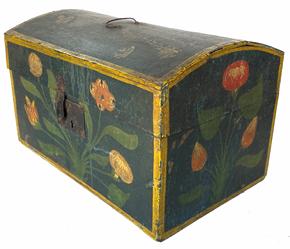 G578 Late 18th century to early 19th century paint decorated Pennsylvania German dome-top document or trinket box with floral designs on front and sides, and remnants of a bird and flower on top of lid. This box is attributed to Heinrich Bucher from the Berks County area of Pennsylvania - who�s decorations are very distinctive and this box is typical of his work during that timeframe. Box features cotter-pin hinged lid, original sheet-iron hasp and lock with a dainty wire handle on top of lid that is also secured with tiny cotter-pins. See additional photos for more details on condition. Measurements: 14� wide x 9� deep x 8 3/4� tall 