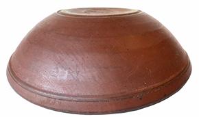 G810 Bautiful late 18h century original dry Red painted beehive turned wooden bowl with great turnings, nice lipped edge and incised foot Out of round.