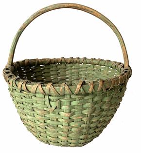 G827 Original Apple green painted tightly woven basket with high notched handle and nicely double wrapped rim and woven bump up center on the bottom. Very sturdy with great wear. Measurements: 10 3/4" x 11 1/4" diameter at opening. Sides are 6" tall and overall height at handle is approximately 12" tall. 