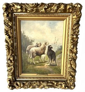 J193 Antique Oil Painting Of Sheep