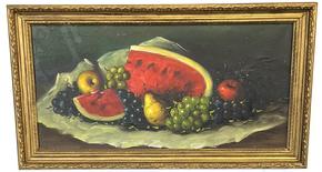 J10 19th century still Life painting signed , Beautifully framed painting depicting a still life setting of a watermelon, grapes, apples and pears. Oil on canvas. Signed in lower right corner.  In what look like the original frame in great condition Framed measurements: 26 ¾� wide x 15� tall. (Canvas measures 24� wide x 12� tall)