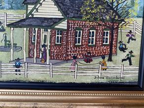 G166  20th Century Pennsylvania Dutch Folk painting "School House"  by Artis Dolores Hackenbergert best known for her Naive style Amish and farm scene paintings. Original signed oil painting on canvas.. Signed lower right school House