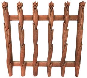 J248 Late 19th century architectural handmade Folk Art Garden Gate depicting hand carved tulips and bearing remnants of original red painted surface. Solid wood. Overall measurements: 39 ¼� wide x 3 ¼� deep x 38 ½� tall