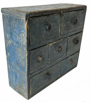 **Sold**RM1465 Wonderful Mid 1800�s New York  state seven drawer apothecary in original soldier blue paint. Very unusual drawer layout.  Measures:  17 3/4� wide x 5 1/2� deep x 14 3/4� tall   