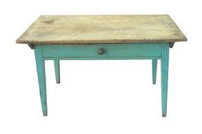 W302 19th century Pennsylvania one board Top work Table, dovetailed cleats, scrubbed top, good blue over the original gray painted base