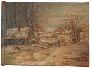 F46 Early 20th century hand painted Winter snow scene on board of a Mill by a stream with a house in the background. Painted on a bread boar.d