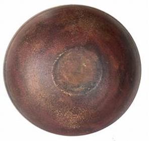 RM1280 19th century wooden bowl with original dry red paint. Bowl is slightly out of round with a broad top rim that gently tapers and shows prominent evidence of slow lathe turnings. Early age crack as pictured. 