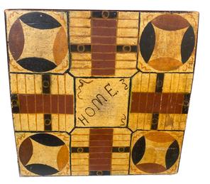 H285 Early 19th century Parcheesi game board with center block prominently marked "HOME" in a decorative handwriting. Single pine board construction retaining wonderful original crackled painted surface with red, black and mustard colors on a cream/pale yellow background. Black painted edges on all sides. Wear indicative of age and use. The name "Harry Scott" is written in pencil on the back. Measurements: 20 1/2" x 20 3/4" x 1/2" thick