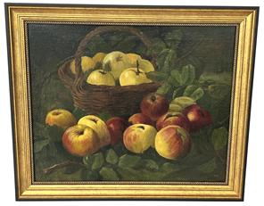 H1077 Wonderful 19th century Oil on Canvas depicting a still life of a basket of apples with several loose apples in the foreground. A signature is not evident; however, this painting is in the style of American Artist William Mason Brown (1828�1898) who was renowned for romantic landscapes beginning in 1850 and began specializing in still lifes in 1858. His paintings are to be found at The Brooklyn Museum of Art, the Cleveland Museum of Art, The Corcoran Gallery of Art, and the Pennsylvania Academy of the Fine Arts. (Wikipedia) Framed measurements: 22 ¾� wide x 18 7/8� tall x 1 1/74� thick. Canvas measures 20 ¼� wide x 16 1/47� tall.