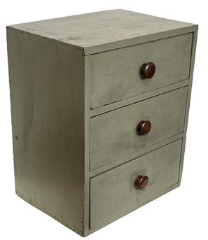 K1541 Early 19th century New England set of three drawers bearing original gray painted surface. Dovetailed drawers and dovetailed case construction. Very sturdy. Circa 1840s-1850s. Measurements: 20 wide x 14 ¾ deep x 24 ½ tall.  