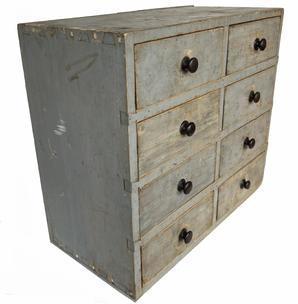 **SOLD** H902 Wonderful 19th century Pennsylvania eight drawer apothecary in original gray painted surface. The case, drawers and drawer dividers are all fully dovetailed. Chamfered solid wooden drawer bottoms.