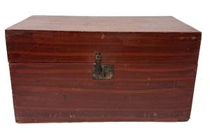 M276 19th century Pennsylvania original red and black painted and decorated box with hinged lid and clean, natural patina interior featuring a dust molding edge. Box retains what appears to be the original lock and hinges. Measurements: 28 &frac14;� wide x 15� deep x 14 &frac14;� tall. 