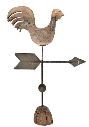 H347 .�What fabulous piece of  folk art!�  this wooden Rooster weathervane with great original surface,  is from New England . A weathervane served a clear purpose� to tell the direction the wind was blowing�But not everyone bought their weathervane out of a catalogue. Some vanes are true folk art, fashioned by the homeowner or farmer who needed one but for whatever reason didn�t buy, or couldn�t afford, an expensive gilded weathervane. Such as this one, hand crafted from wood, with early repair to both sides. with traces of old  paint 35 1/2" long x 15 1/2" tall 