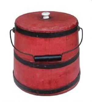 Y16 19th century Sugar Bucket with bittersweet paint ,American, . with stave construction, metal bands and bale handle bittersweet red paint