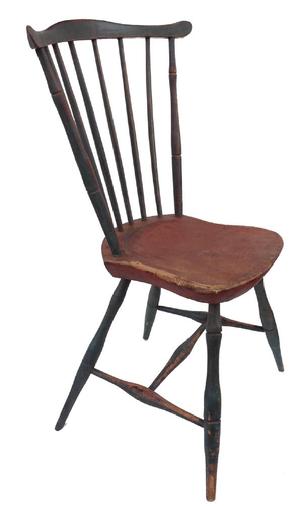 Y312a Early 19th century New England fan back windsor chair with the original blue and red paint, six spindles forming a fan support, sausage turned legs joined by H stretcher support the seat, circa 1790-1810