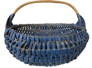 G308 Outstanding Melon Basket in dry beautiful original blue paint with the "Eye of the Wind God" on each side of the handle. Color is spectacular, really what you're looking for in a nice old basket like this. Great workmanship. Measurements: 13 1/2" x 14" x 10 3/4" tall at handle 