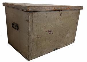 H2 19th century Storage Box with the original sage green paint, The Box retains all original hardware, and is nailed construction with square head nails circa 1860