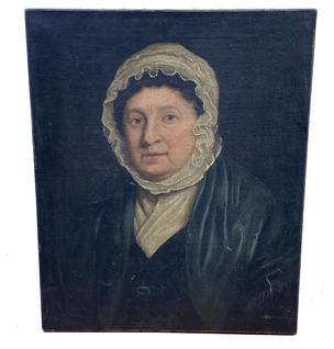 G306 18th or early 19th Century Portrait of a Quaker Woman Portrait on canvas of a Quaker Lady in a bonnet,,American School, an Interesting Portrait of a lady in a white bonnet 