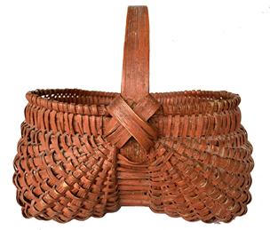 G309 Outstanding But Basket in dry beautiful original persimmon paint  The Color is spectacular, really what you're looking for in a nice old basket like this. Great workmanship from a 35 year collection