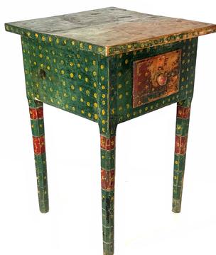H78 Very rare mid 19th century Virginia folk art painted one drawer southern Hunt Table from Shenandoah County, Virginia. Pencil post legs. The wood is pine and poplar. Table bears its original green painted base color with symmetrical yellow dots covering the edges of the top, and entire base. The drawer front and bands on each leg bear red painted accents along with the yellow dots. Signed on bottom. Very sturdy table. Measurements: 22� wide x 22� deep x 32 1/2� tall (21 1/4� apron to floor)