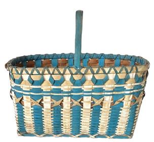 **SOLD** E533 Native American Indian Maine  Penobscot Tribe - Ribbon Blue and White Paint Decorated Basket  - Woven in a rectangular / oval form with curling (X) ribbons in center with blue and white ribs. Basket features a tall, notched handle. Measurements: 15 ½ tall X 17 ½ long x 10 wide.  