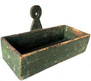 H230 19th century Pennsylvania wall box in wonderful original green paint. Unusual design with attached lollipop hanger. Early square nail construction and evidence of pith sawed boards. Circa 1840s. Measurements: 14� wide x 6 ½� deep x 3 ¾� tall sides. Lollipop on back measures 8� tall x 2 ½� diameter with hole in center for hanging.