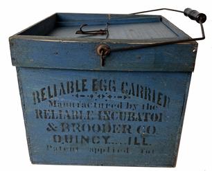 H16 Late 19th century Egg carrier with the original blue paint and black stenciled advertising. The following advertisements, � Reliable  Egg Carrier Brooder Co. Quincy Ill There is also a patent date Nov 16 1897 . Removable lid, The piece was made for a Country General Store. Measurements are 12 1/2� xx 13 inches. A wonderful antique advertising piec