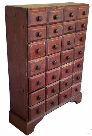 G118 19th century Pennsylvania red painted tall Apothecary Chest with twenty-eight drawers. The drawers are nailed construction and rest on an applied base with a nice high cutout apron. The drawer fronts are chamfered. The overlapping drawer fronts act as a drawer stop. Circa 1880    Measurements are: 31 ½� wide x 11� tall x 42� tall