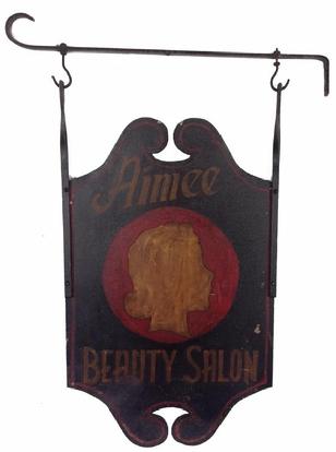 A15 Early 20th century Trade Sign two sided with iron bracket, Aimee Beauty Salon, black background with red and mustard 