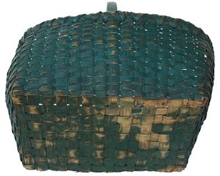 X170 A  wonderful example of early Gathering  Basket, exceptional original painted green surface, no repairs, nor touch ups, double wrapped rim, minor breaks in the bottom, hand carved handle, hickory splint, sturdy .18" long x 13" wide x 15" tall