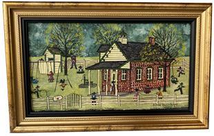 G166 20th Century Pennsylvania Dutch Folk painting "School House" by Artis Dolores Hackenbergert best known for her Naive style Amish and farm scene paintings. Original signed oil painting on canvas.. Signed lower right