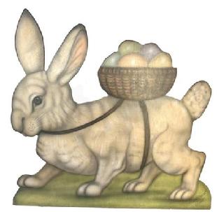 J47 Bonnie Barrett oversized wooden cutout Easter Bunny saddled with a basket full of colorful eggs. Signed on front in lower right corner by artist and dated 2005. Wonderful paint details. Certificate of authenticity on back