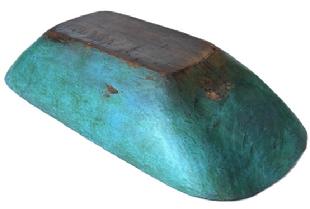 K1820 19th Century New England wooden Trencher in old green over original blue painted surface. Wonderful hand-hewn surface. Natural patina interior with evidence of chop marks. Visible age cracks however they do not go all the way through. Measurements: 25 long x 11 ½ wide x 5 deep.  