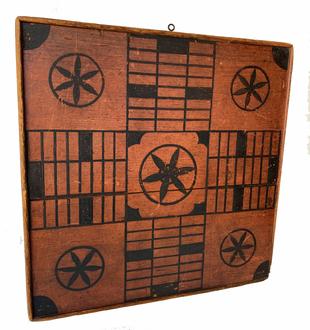 **SOLD** G808 19th century original bittersweet and black painted double-sided game board featuring Parcheesi on one side and Checkers on the reverse side. Applied molded edge secured with square nails