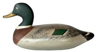 H304 Early Jim Currier mallard duck decoy  carved by James "Jim" Alexander Currier (1886-1971). Original paint in very good condition. Currier lived and carved in Havre de Grace, Maryland. He is a well known and respected carver. This mallard duck decoy probably carved around 1930.