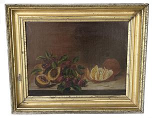 J389 Late 19th century still life oil painting depicting a grouping of fruit that includes halved peaches, strawberries, branches of cherries/leaves and several oranges (one is peeled and sectioned).  Hand painted on canvas and initialed in the lower left-hand corner by the artist: S.J.T. �96.  There is evidence of two tiny repairs to the back of the canvas. The simple gilded frame (with losses) appears to be the original frame. Framed Measurements: 20 ½� wide x 16 ¾� tall x 2� deep. The canvas measures: 16� wide x 12 ¼� tall.