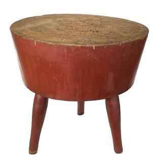 M95 Large 19th century original red painted round solid wood Butcher Block resting on three robust turned wooden splayed legs. The woods appear to be poplar and oak. Great wear and chop marks to the top indicative of years of use. Measurements: ~29 top diameter x ~11 ½- 11 ¾ thick. Overall height is ~28 ¼- 30 tall depending on where measured.