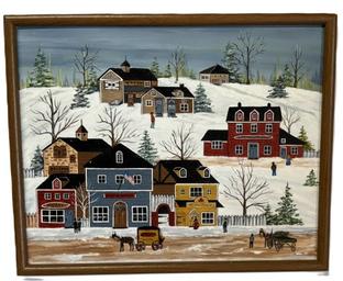 M218 Hand painted and meticulously detailed Folk Art Winter Landscape Painting featuring a group of three shops advertising - Meats, Post Office with US Flag, and Millinary, along with a horse-drawn wagon advertising Fruit in foreground. Oil on Artists board. Signed by artist - MONCRIEF in lower left corner. Handwritten note on back reads From Bill & Chris Moncrief Dec 2000. Framed measurements: 21 wide x 17 tall.