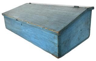 K176 Early 19th century Pennsylvania original blue painted Countertop Desk boasting dovetailed case with �T� and square head nail construction. The canted, hinged lid lifts to reveal a clean, natural patina interior. Circa 1820s. The wood is pine. Measurements: 34� wide x 17 3/8� deep x 10 &frac34;� tall (back).   