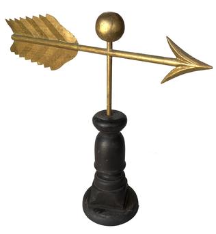 H475 19th century cooper with gold gilt painted surface  weathervane. Mounted on a wooden architectural base for display purposes. Circa late 19th century, American origin. The metal arrow is 23 ¼� x 5 ½� tall feathers.  Overall height to top of wooden ball is 20 3/8� tall. Bottom of the base is 6 ¼� diameter.