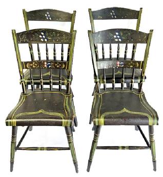 M207 Early 19th century Pennsylvania set of four matching plank bottom Chairs with paint decoration. The background color is black with green decoration. The crest of the chairs feature fruit and leaves, in blue and white, red and gold. A flower motif adorns the middle crest and wide decorative striping adorns the seats. All four Chairs are matching, have great painting and are in great condition. Circa 1830 1850. Measurements: Seats are 15 ¼ wide x 14 deep. Seat height is 17 ½. The backs are 32 ¼ tall.