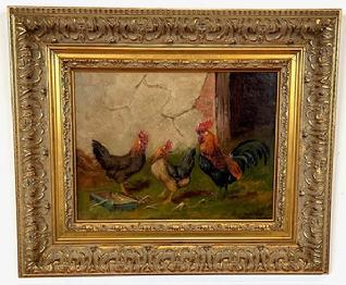 L43 Fantastic late 19th century signed painting depicting a Rooster and two Hens. Signed E. S. England in lower left corner. Oil on canvas. Vivid colors and exquisite details throughout. Beautifully framed in an ornate gold gild frame. Framed measurements: 18 ¾ wide x 15 ¾ tall x ~1 ¾ deep. The artist, E.S. England, was a famous British painter known for his landscape animal scenes. He was most actively painting during 1870-1910. 