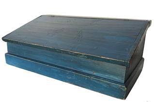 X386 19th century  blue table  -top Desk, New England, late 19th century, with  a lift hinged slant lid on a nail constructed box, the intrior is divided