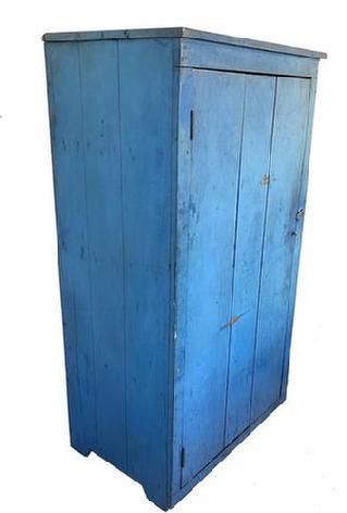 G378 Stunning 19th century Lancaster Pennsylvania, single batten door Pantry, with the best blue painted surface "Ever." The interior is very clean, simple small cut out foot. Circa 1870 